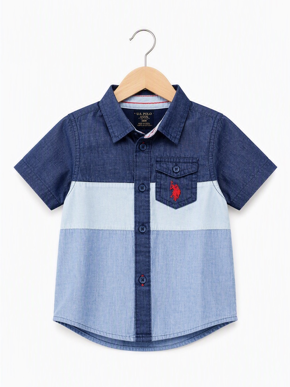 U.S. Polo Assn. Boys Colorblock Chambray Button Down Shirt Blue Red 18M